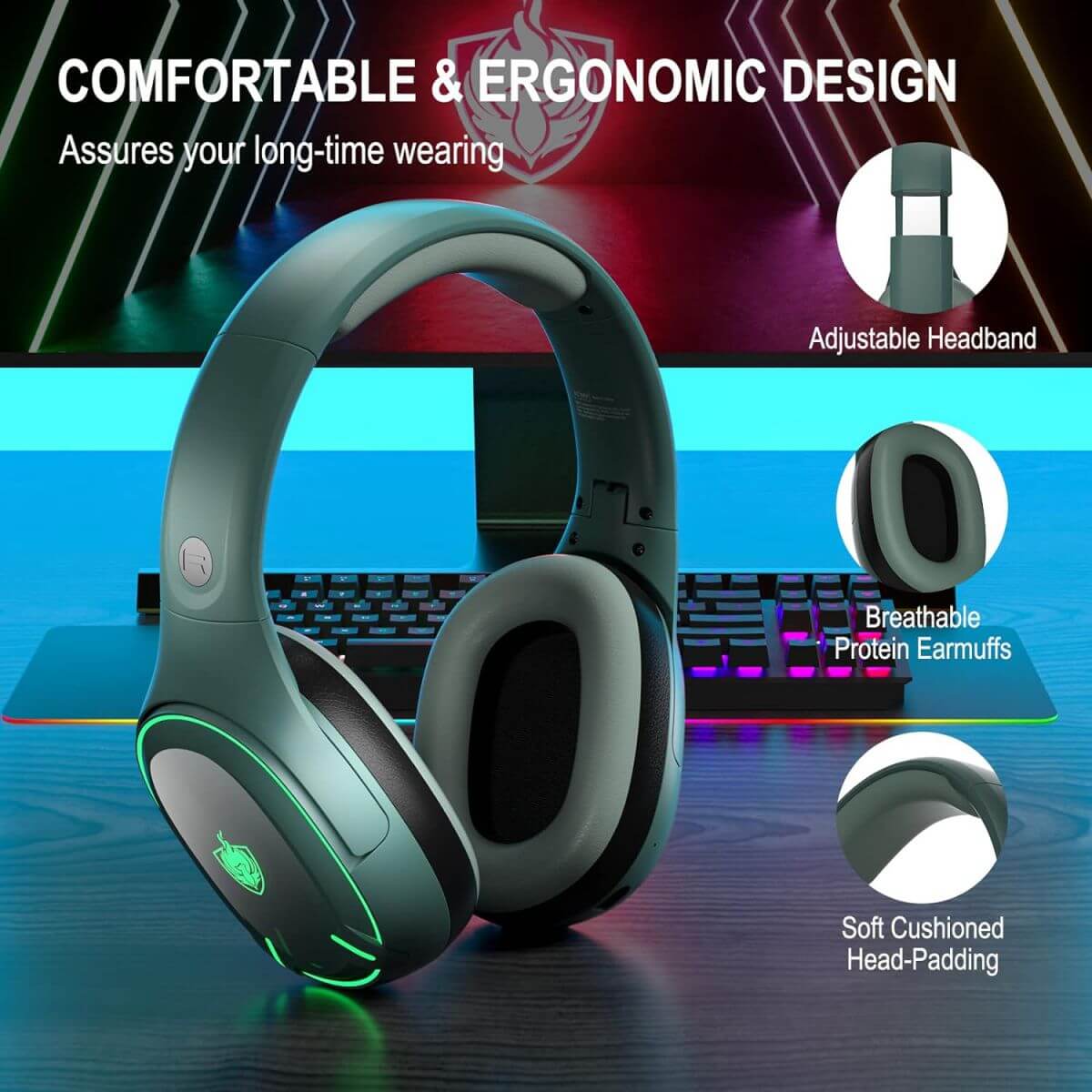 Comfortable PHOINIKAS Q6 Gaming Headphones with ergonomic design, adjustable headband, breathable protein earmuffs, and soft cushioned padding.